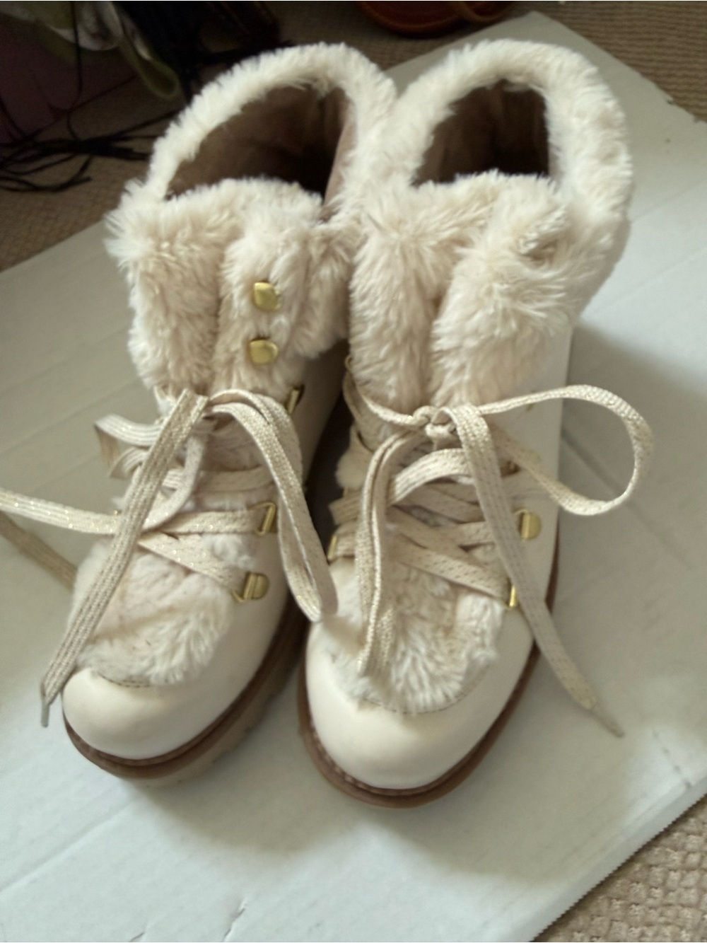 Circus by Sam Edelman Faux Fur Hiker Combat Boots Cream Gold 6.5